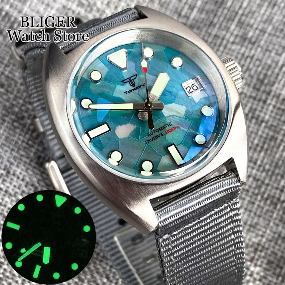 Diving 36MM Military Unisex Watch Automatic    NH35A Luminous Turquoise Green Splice Shell Surface Dial AR Domed Sapphire