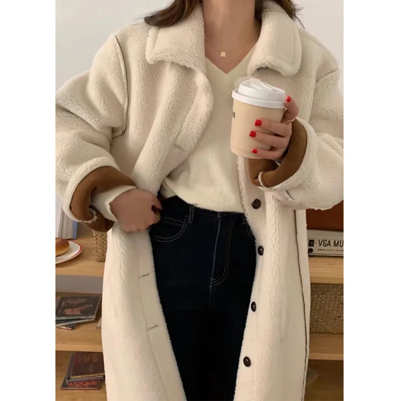 [EWQ] Korean Chic Long Sleeve Single Breasted Double-faced Faux Fur Coat Winter Warm Thick Women Outwear 2024 Autumn New 16O2183