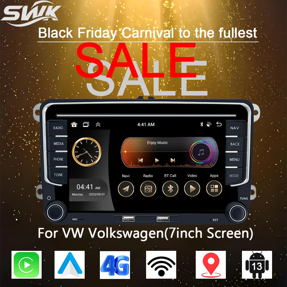 ل VW Volkswagen سيارة مشغل وسائط متعددة Android13 7 ''شاشة تعمل باللمس سيارة راديو ذكي لتحديد المواقع والملاحة DSP WiFi 4G Carplay اللاسلكية