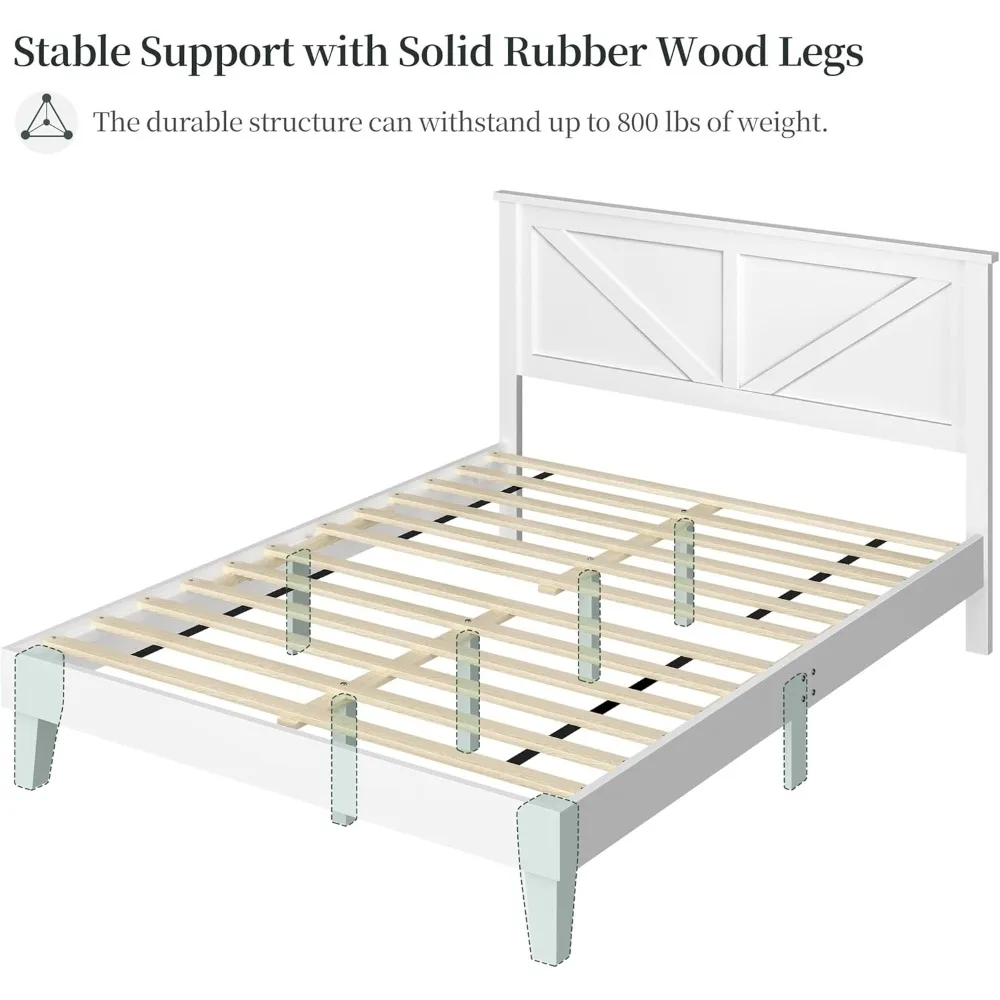 

Wood Bed Queen, Farmhouse White Rubberwood Platform Bed Frame with V-Designed Headboard, Sturdy Wooden Support Slats