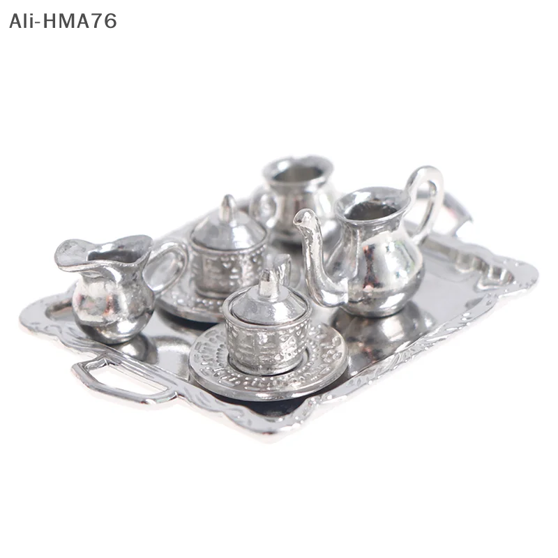 

HMA76-10pcs 1/12 Dollhouse Miniature Silver Metal Tea Coffee Tray Tableware Set