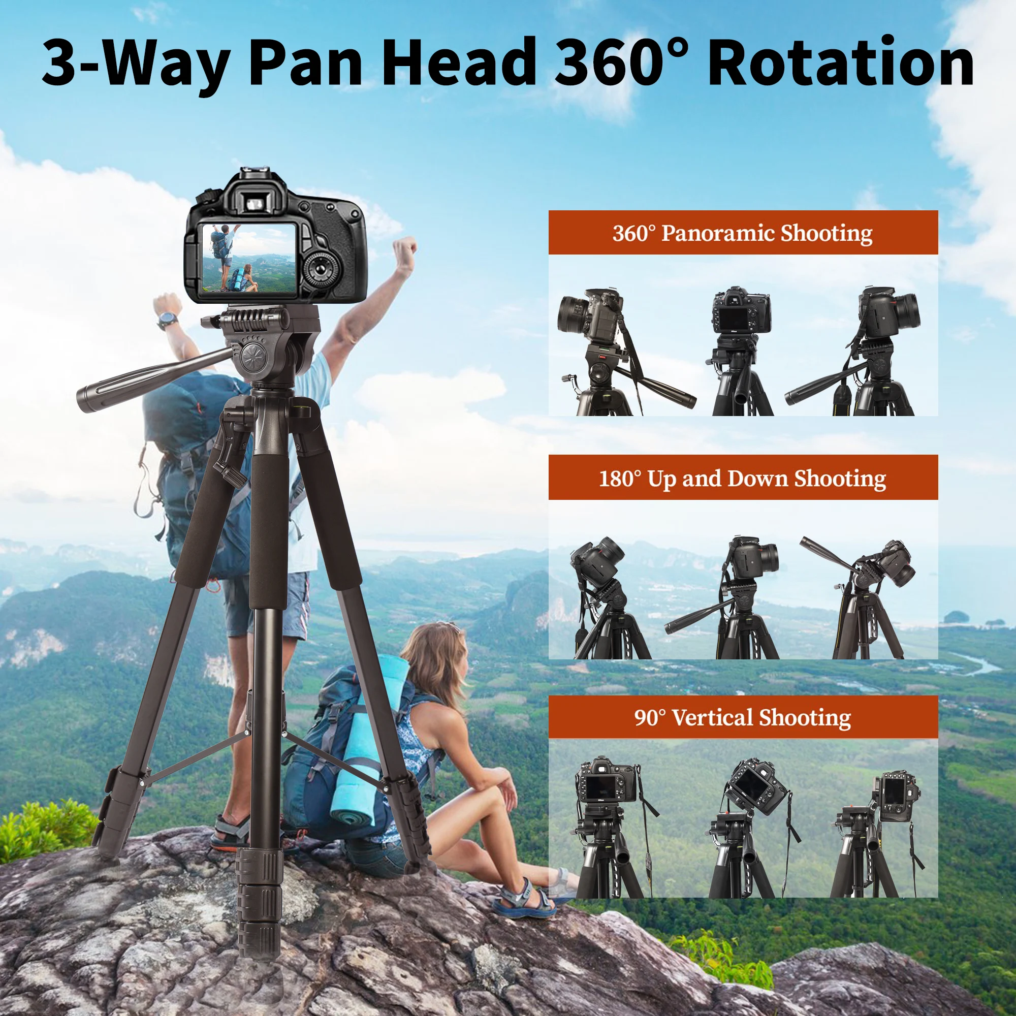 180cm Camera Tripod Travel Tripod with Quick Release Plate and Phone Holder Smartphone Video Tripod with 360° Panorama for Video