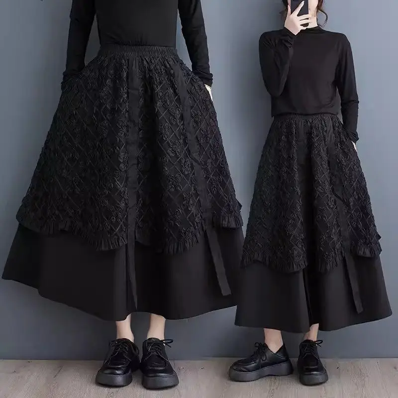 

Skirts For Women 2024 Spring Autumn Korean Scale Pattern Loose Oversized Patchwork Design Skirt Black Mujer Faldas Z4757