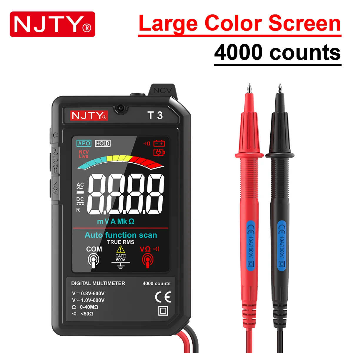 NJTY T3 MINI Smart Digital Multimeter Farbbildschirm USB wiederaufladbar 4000 Zählungen automatische Bereichswahl Spannungswiderstand NCV Live Wire