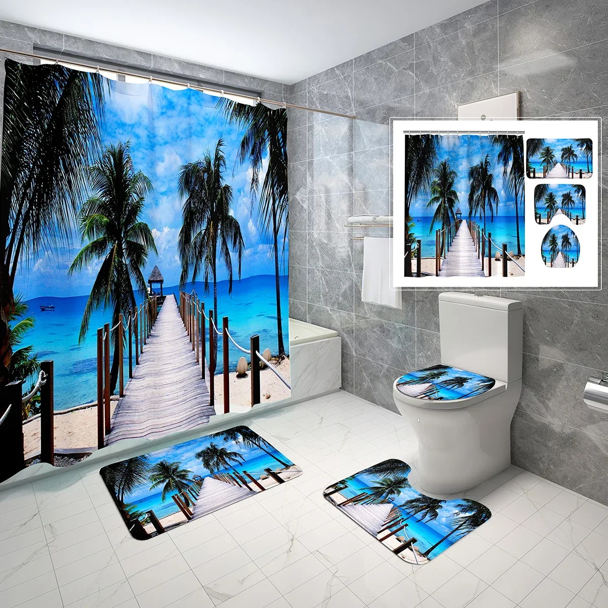 

4 PCS Coconut Tree Shower Curtain Set,Tropical Sea Sunshine Beach Waterproof Bath Curtain,Non-Slip Bath Mat Toilet Cover Set