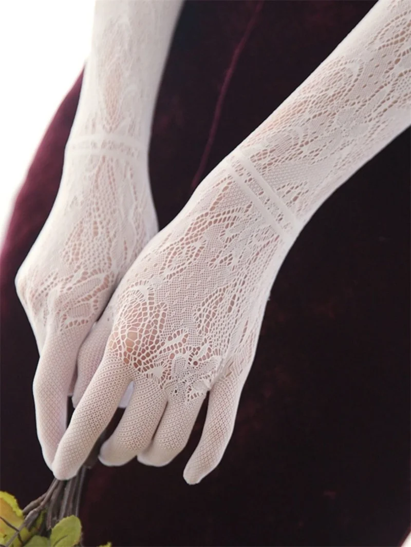 Retro High-end Lolita Elastic Long Lace Gloves for Nuns and Women White Silk Arm Set for Cosplay Props