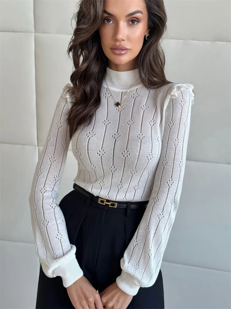 

Tossy Ruffled Knit Hollow Out Sweater Pullover Women's Slim Patchwork See-Through Long Sleeve Jumpers Top Female Pullovers 2025