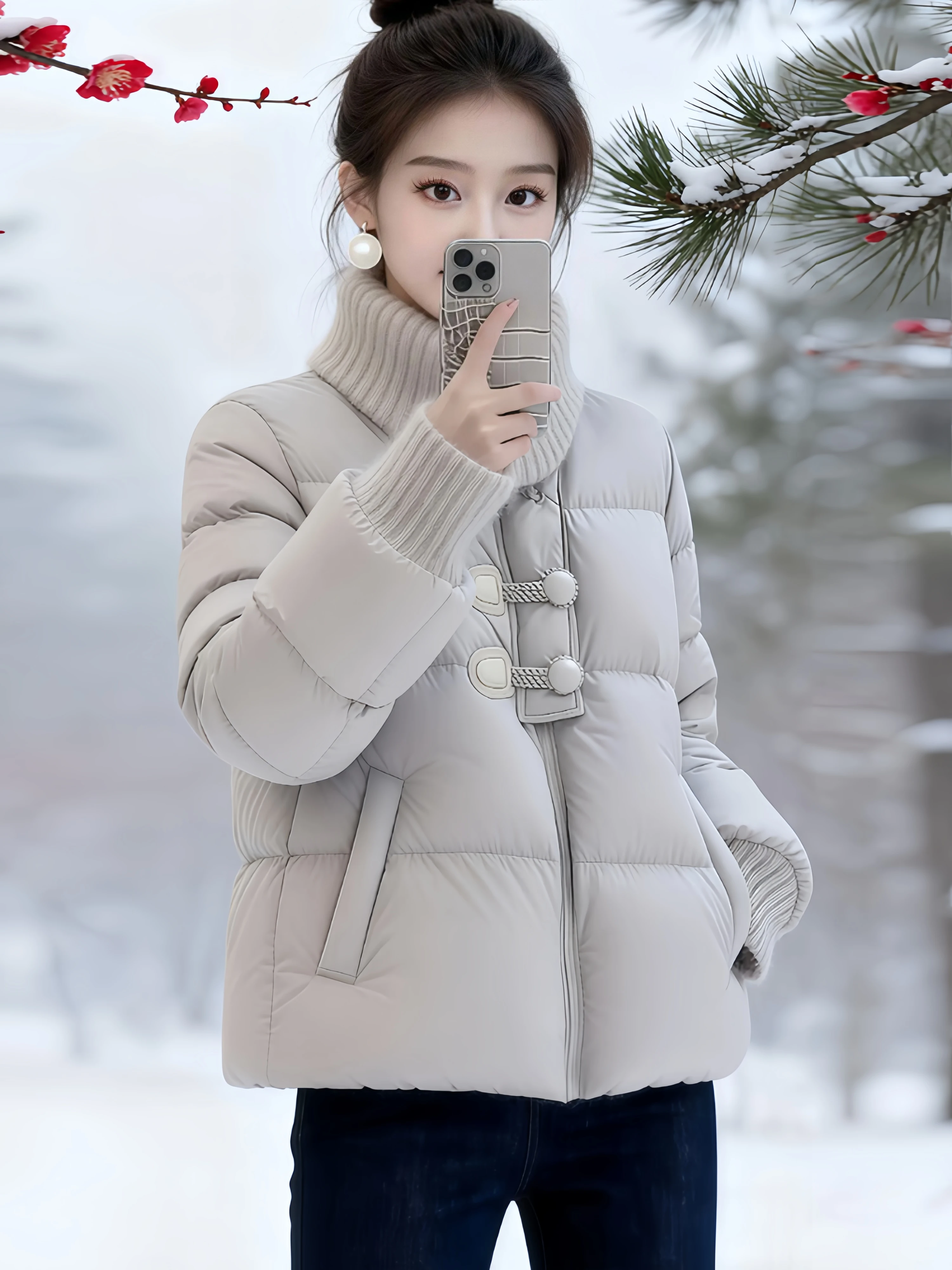 Moccasin Color Knitted Stand Collar down Cotton Jacket Women's Winter Fashion Anti-aging Design High-grade Outerwear Coat