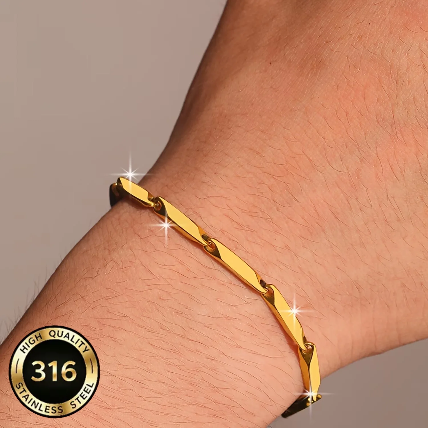 Herrenarmband mit Bambus-Gliederkette, 18K vergoldet, 316L Edelstahl-Rhombus-Accessoires, Alltagskleidung, Kette im femininen Stil