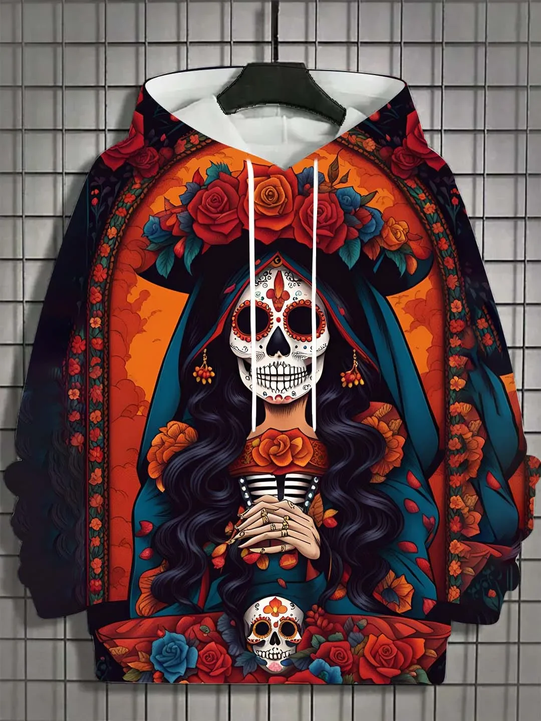 Modischer Damen-Hoodie für Mädchen, Herbst, Langarm, lässig, sexy Mädchenkleidung, Horror-Untoten-Schädel-Muster, Unisex-Oberteil – Detail 5