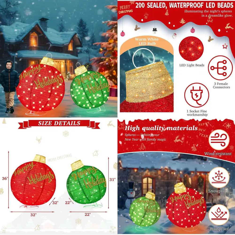 

Expandable Outdoor Indoor Christmas Ornament Set with 200 LED Lights, Weatherproof, Red & Green Light-Up Balls for Yard, Garden,