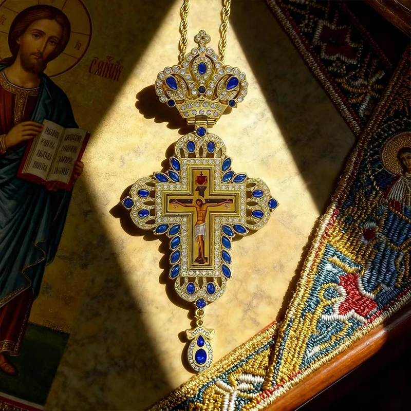 Luxuriöse Orthodoxe Brustkreuz-Halskette, Rote Kristallakzente mit Kruzifix-Ikone, Hochwertiger Liturgischer Schmuck für Kirchliche Sakramente – Detail 8