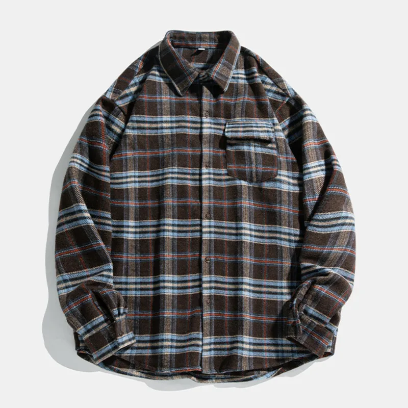 Men\'s Brushed Striped Plaid Shirt Autumn Lapel Patch Pocket Loose Long Sleeve Shirt Jacket Unisex Streetwear Buton Down Shirt