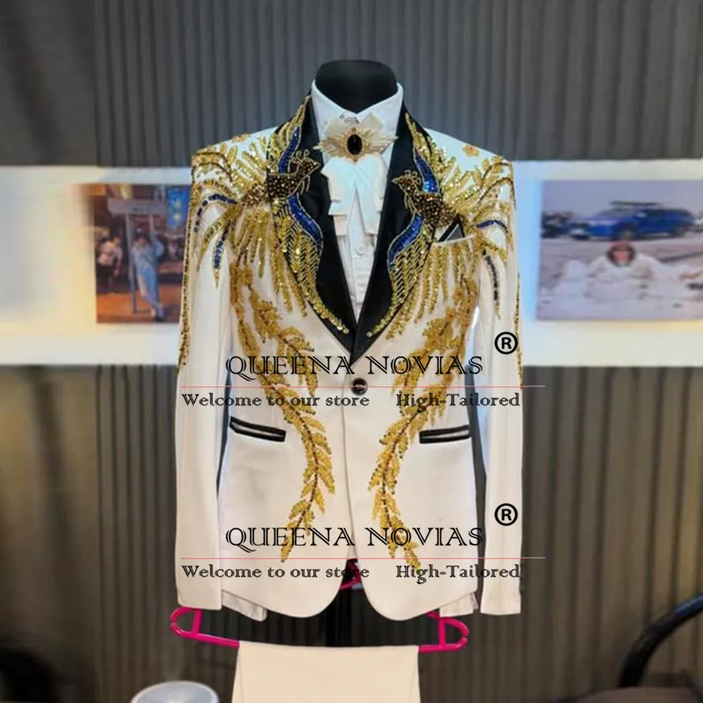 Exclusive Boy's Suits Crystals Beaded Blazer Customized 2-Piece Black Lapel Blazer Pants Children Birthday Kids Wedding Tuxedo