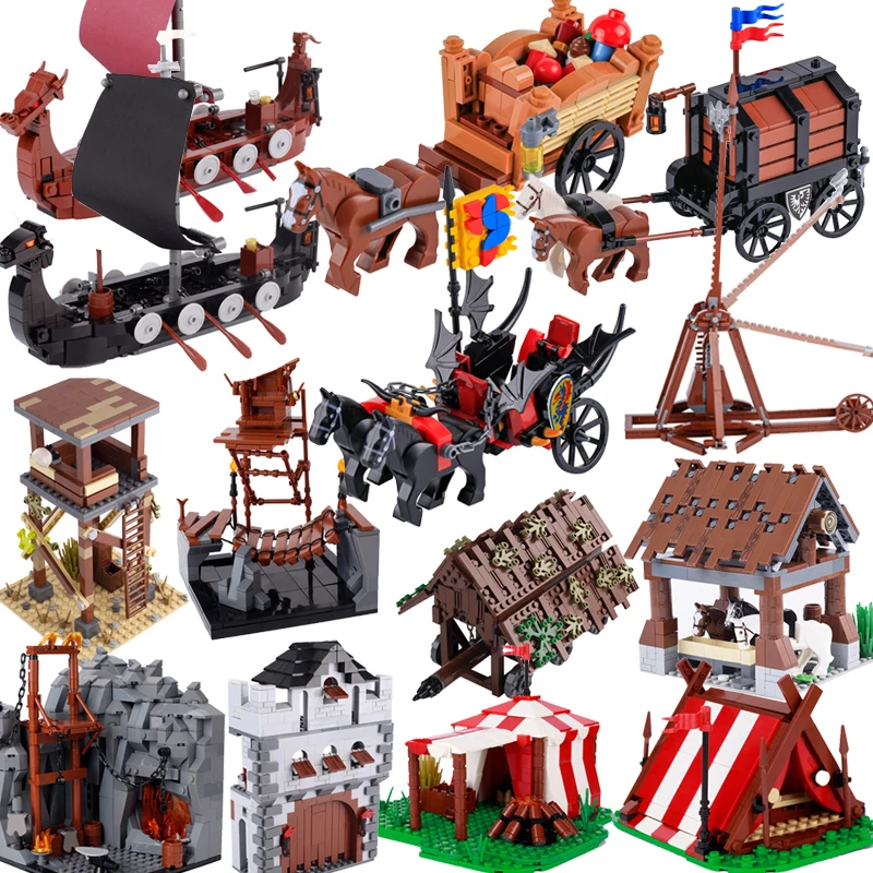 MOC Medieval  Scene Building Blocks Military Camp Viking Warrior Soldiers Tent Outpost Pirate Ship Stable Castle Wall Bricks Toy