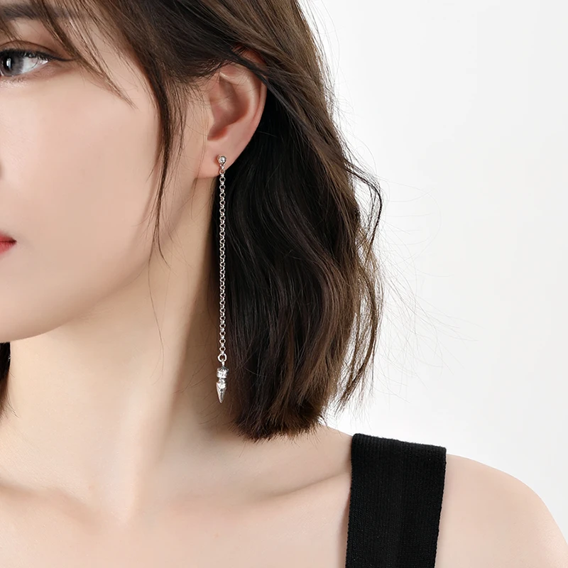 Girls' temperament long tassel earrings and earrings 925 sterling silver couple punk personality rivet bullet head earrings tren