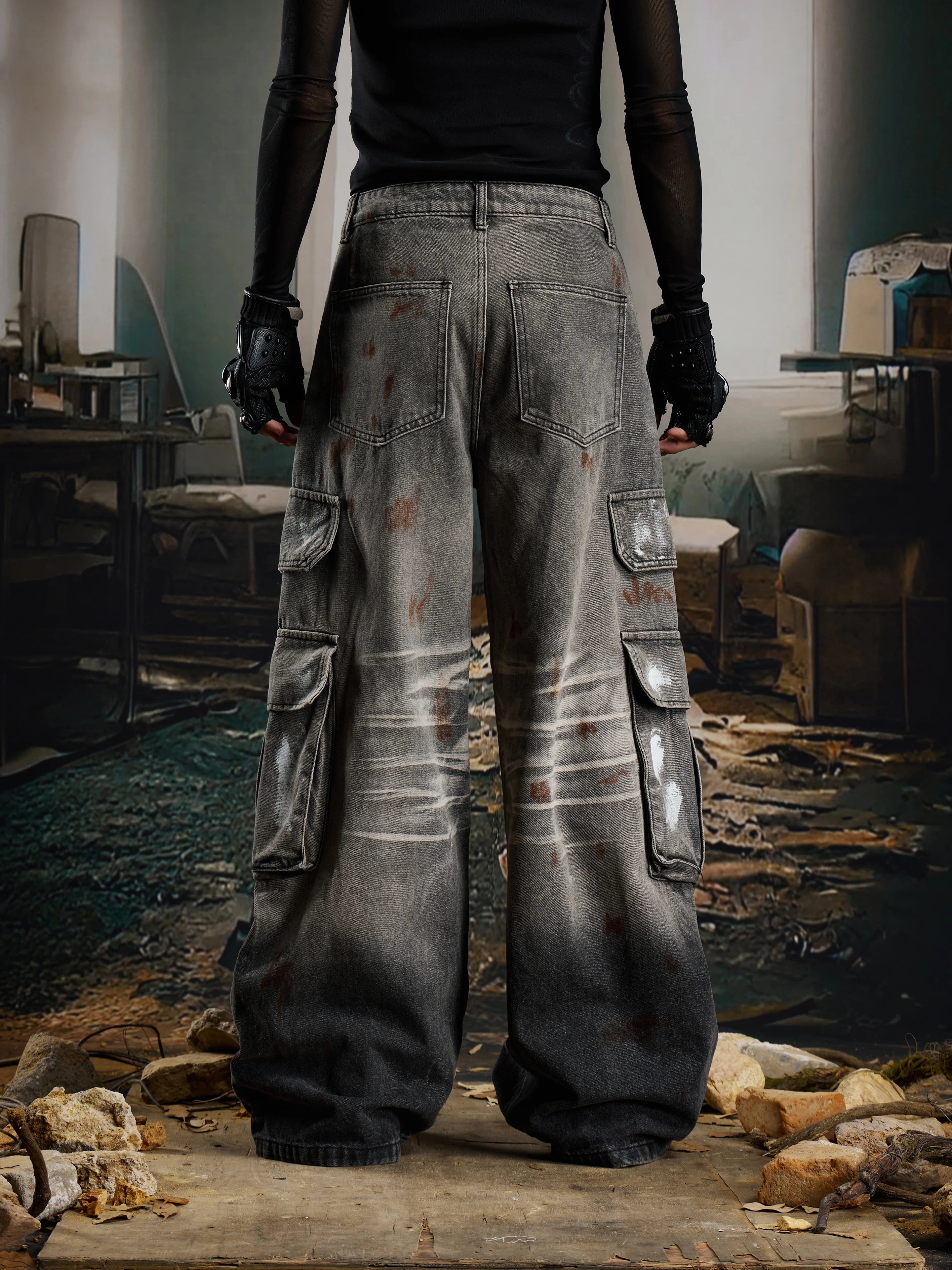 Design Hand Scrub Water Distressed Graffiti Multi-Pocket Workwear Jeans Trousers Loose Straight Men and Women Fashion