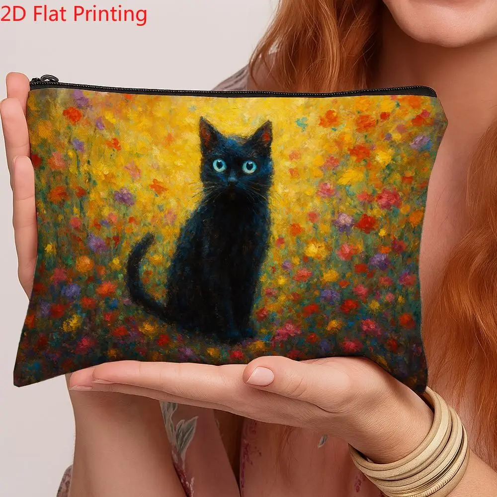 Cosmetic Bag Impressionist Dreamy Animal Cosmetic Bags Black Cat Zipper Multi Purpose Travel Toiletry Bags Floral Design Gift