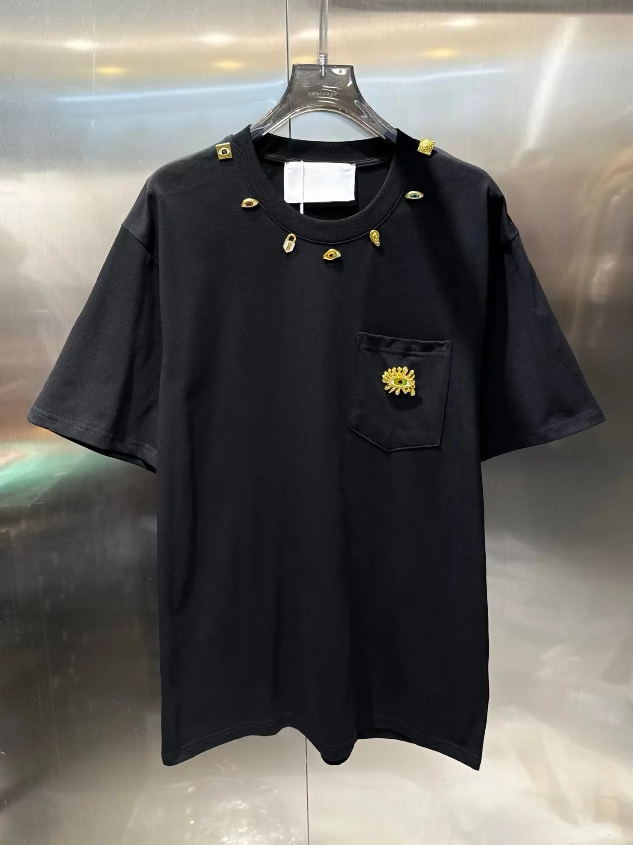 High Street Tees Tshirts Tops Men's Summer New Cotton Metal Decorative Streetwear Loose Casual T-shirt  Men Clothing
