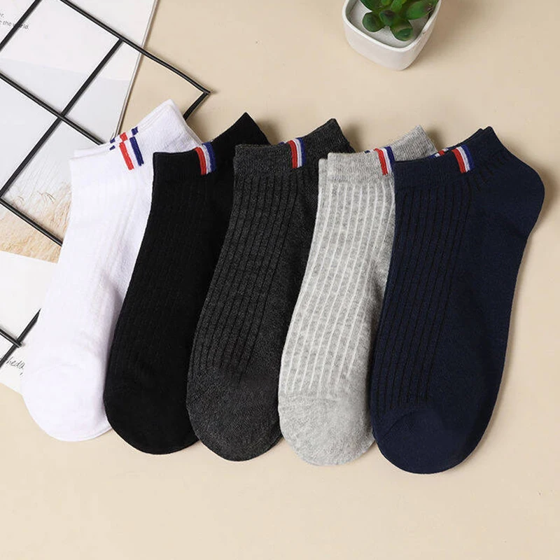 5 Pairs Thin Boat Socks Summer Blending Plain Color Mens Casual Breathable Sweat Absorbing Calibration