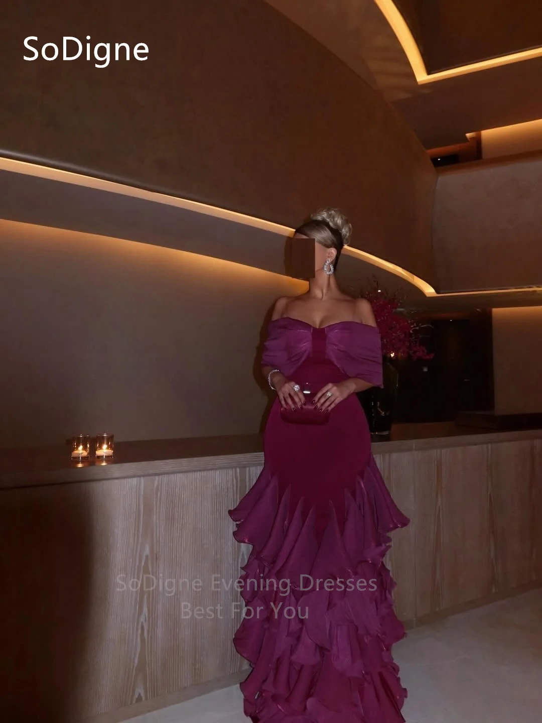 SoDigne فساتين حفلة موسيقية أرجوانية أنيقة بفيونكة قبالة الكتف فستان الحفلات مثير الكشكشة حورية البحر فساتين حفلات مخصصة