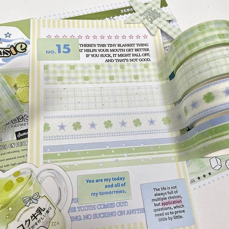 6 Stück/Packung Kawaii Grünes Vierblättriges Kleeblatt Schmetterling Schleife Washi Tape Set DIY Handbuch Dekoratives Masking Tape Material – Detail 2