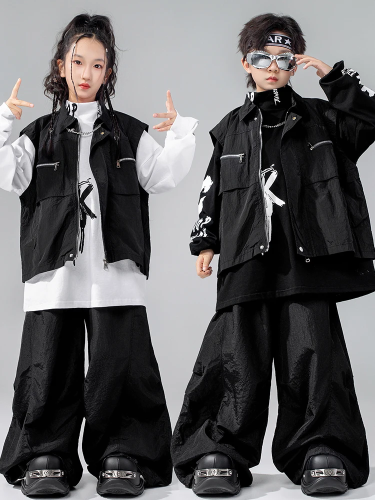 Hip Hop Tanzkostüm Kinder Schwarz Jazz Performance Outfit Oversize Top Shuffle Hose Jungen Mädchen Mode Street Dancewear 4612
