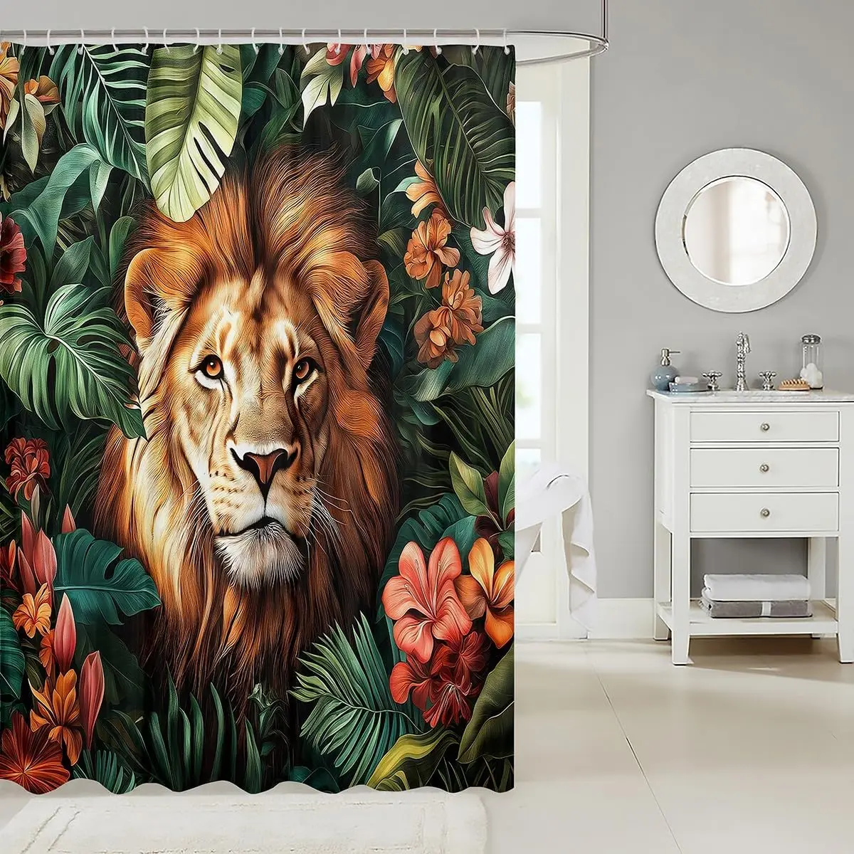 Majestic Tropical Jungle Lion Shower Curtain Rainforest Floral Pattern Waterproof Luxury Bathroom Decor Curtains