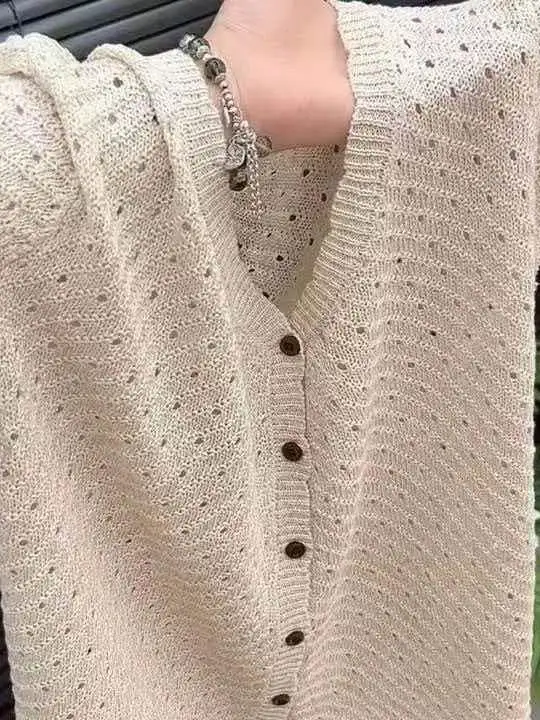 Casual Hollow out V-Neck Short Sleeve T-Shirt Women's Summer New Style Lazy Fashion Loose Knitted Cardigan Breathable Skin-Fr...