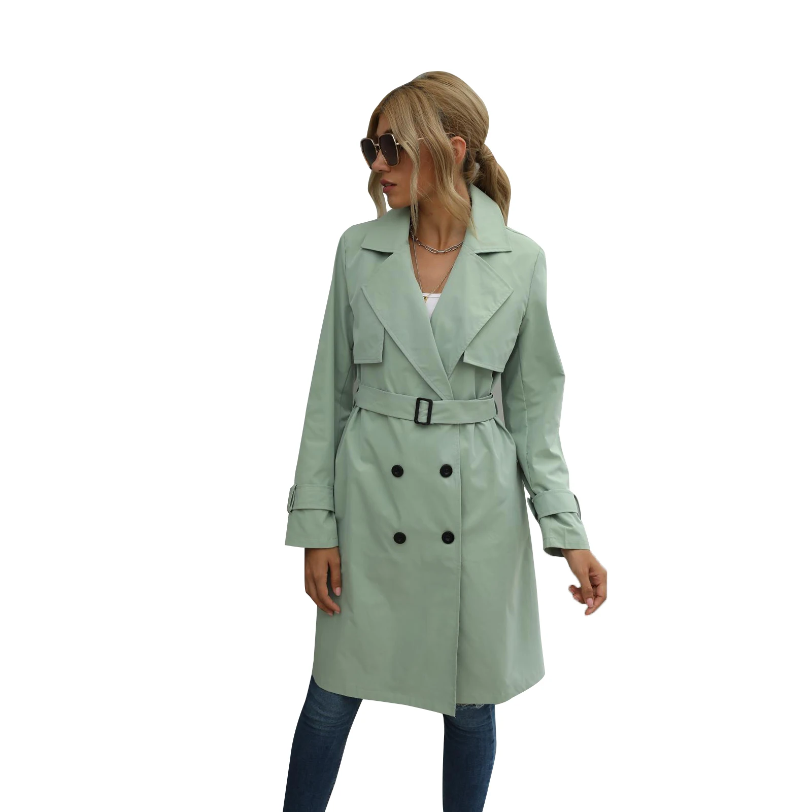 Autumn Fashion Women Casual Solid Color Trench Coat Ladies Elagant Long Sleeve Lapel Neck Double Breasted Belted Trench Coat