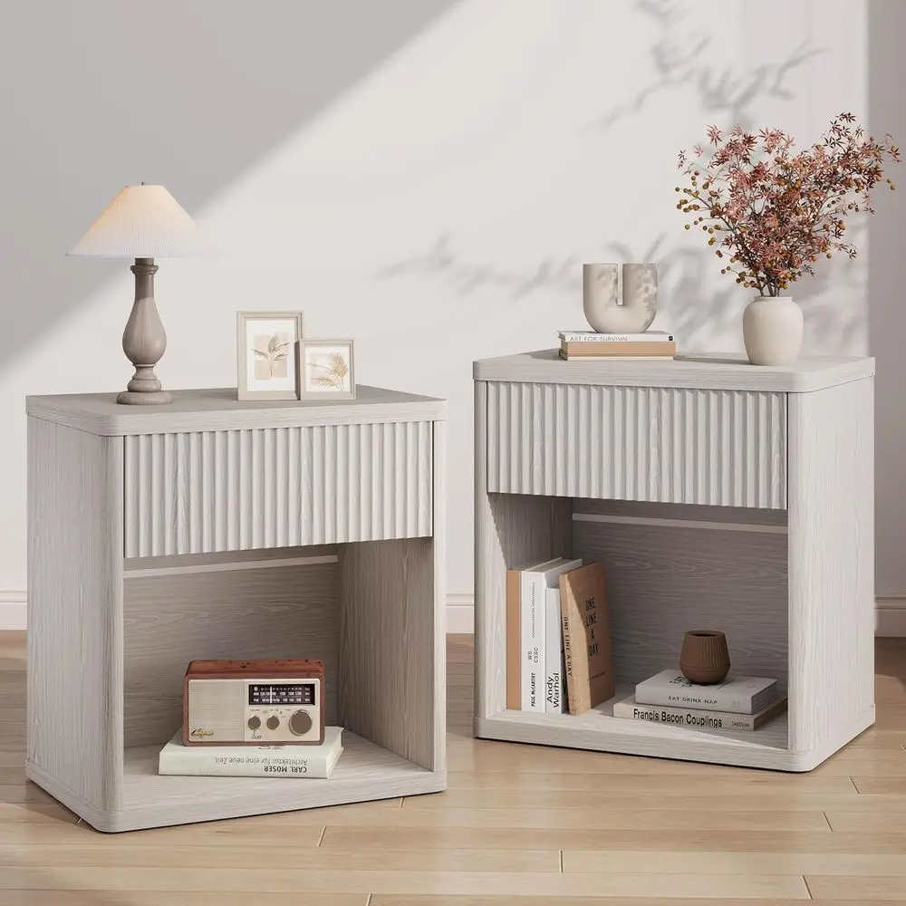

Mid-Century Style Nightstands Set of 2 with Open Shelf Storage for Bedroom or Living Room in Walnut Finish