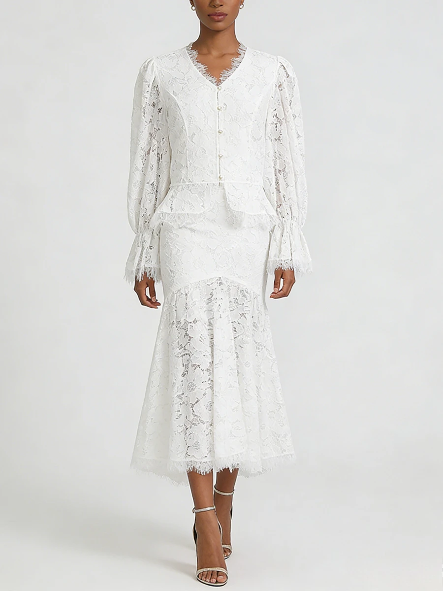 VGH Solid Spliced Lace Two Piece Set Female V Neck Long Sleeve Top French Vintage Women's Skirt Sets Summer Fashion New Style