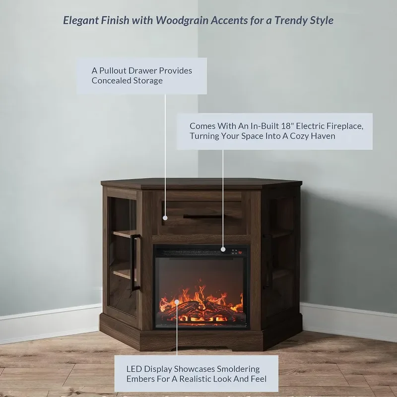 Dale 43 Corner TV Stand with 18 Electric Fireplace Dark Walnut