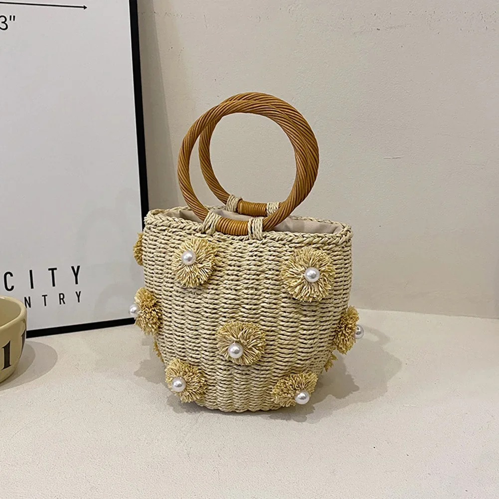 Drawstring Straw Bucket Bag Women New 2024 Fashion Rattan Crochet Tote Handbag Purses Wrist Woven Straw Bag for Summer Beach Bag