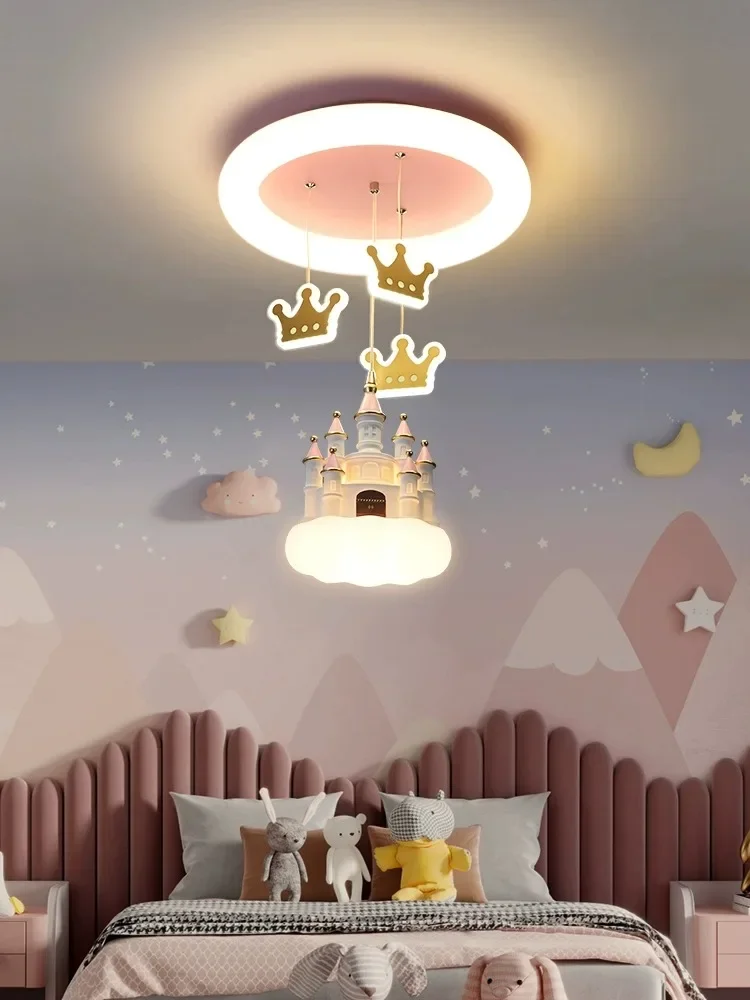 

Kids Room Chandelier Girl Bedroom Light Creative Cartoon Pink Heart Castle Crown Light Princess Room Light