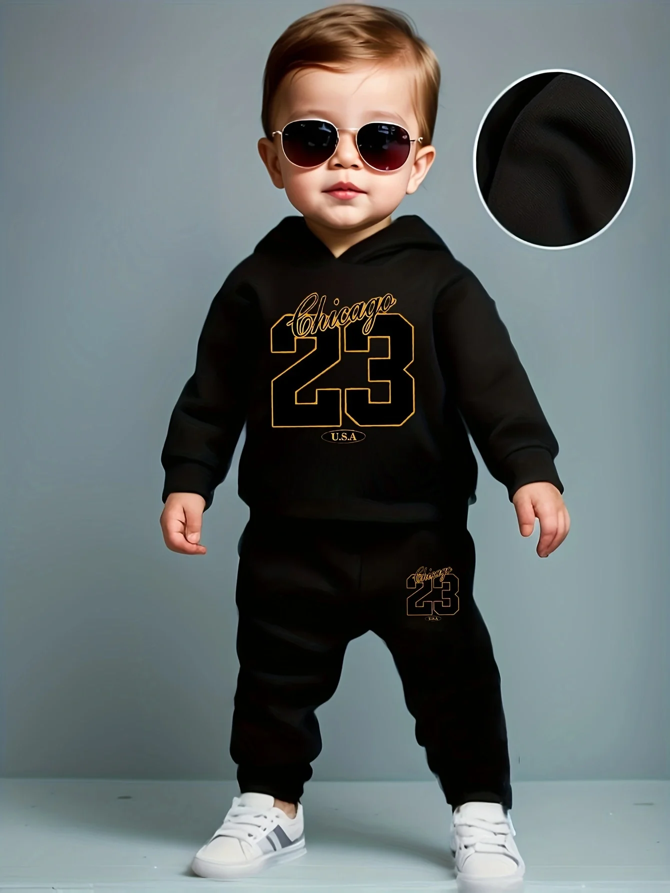 

Baby boy long sleeved size 23 digital pattern fleece long sleeved hooded sweatshirt+long pants two-piece set suitable for casual