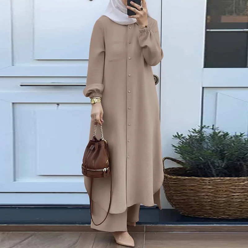 Women Fashion Muslim Sets Solid Color Loose Muslim Tops Pants 2ps Set Summer Oversized Musulman Sets Female Costume Musulmane