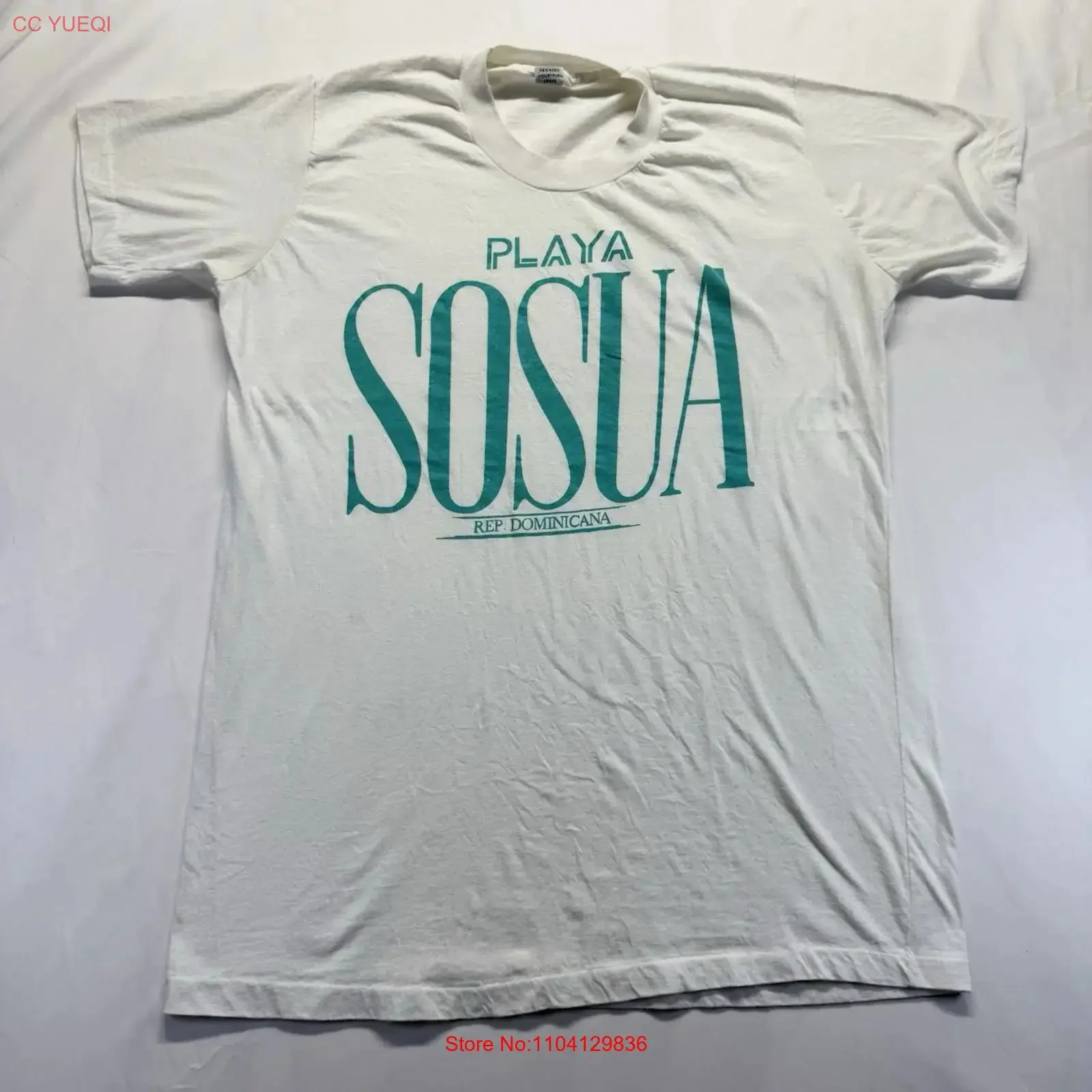 Camiseta vintage de los años 90 de República Dominicana Playa Sousa para hombre, talla 2XL, blanca, estilo turístico, vintage, lavada, informal, versátil, ligeramente elegante