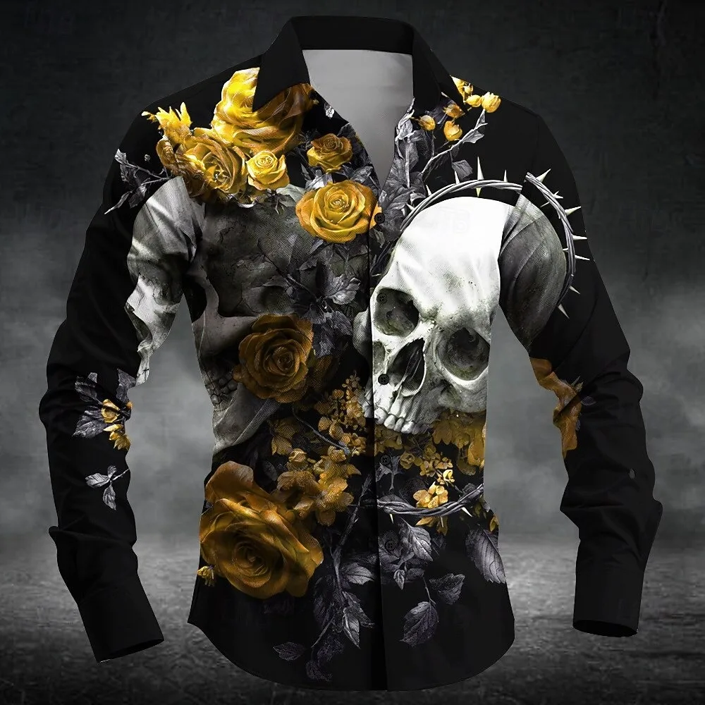 New 6-color men's Long Sleeved 3D Skull Print Rose Themed Creative Fashion Button Up Long Sleeved Shirt Top