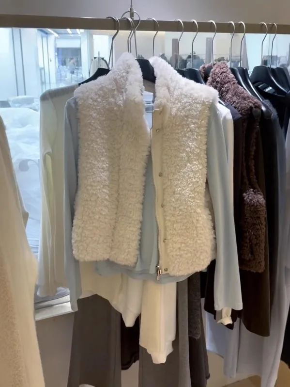 

Women's White Lamb Fur Vest Winter Outerwear Zipper Casual Sle Korean High-End Feel Commute Faion Thiened Stand Collar