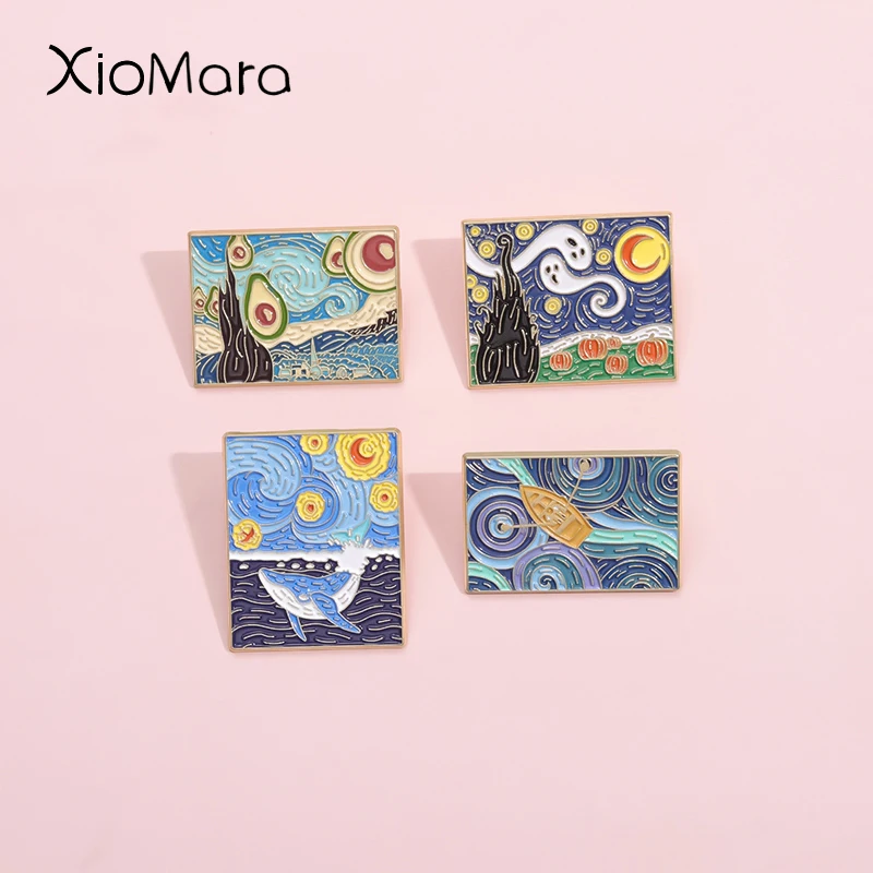 Van Gogh Oil Painting Abstract Enamel Pins Starry Moon Night Ocean Blue Whale Ghost Brooch Lapel Badges Jewelry Gift For Friends