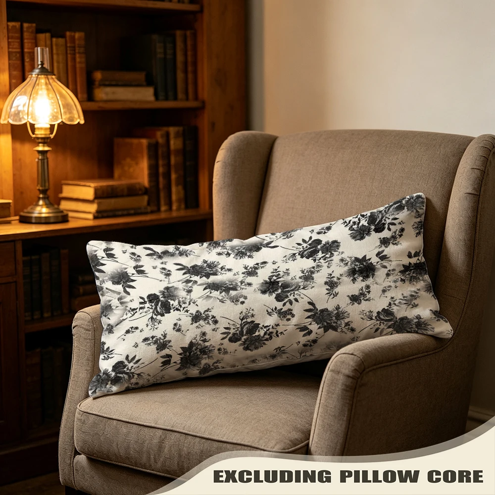 Black White Ink Floral Print Long Pillow Cover, Japanese Style, Kids Room Decorative, Polyester, Valentine's Gift, Practical