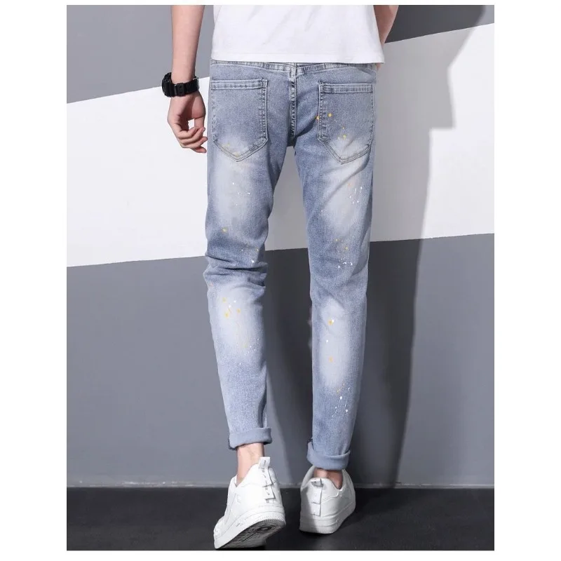 Men\'s Clothing Spring and Autumn Fashion Brand Hole Slim-fit Korean Style Skinny Trousers Stretch Jeans Pants