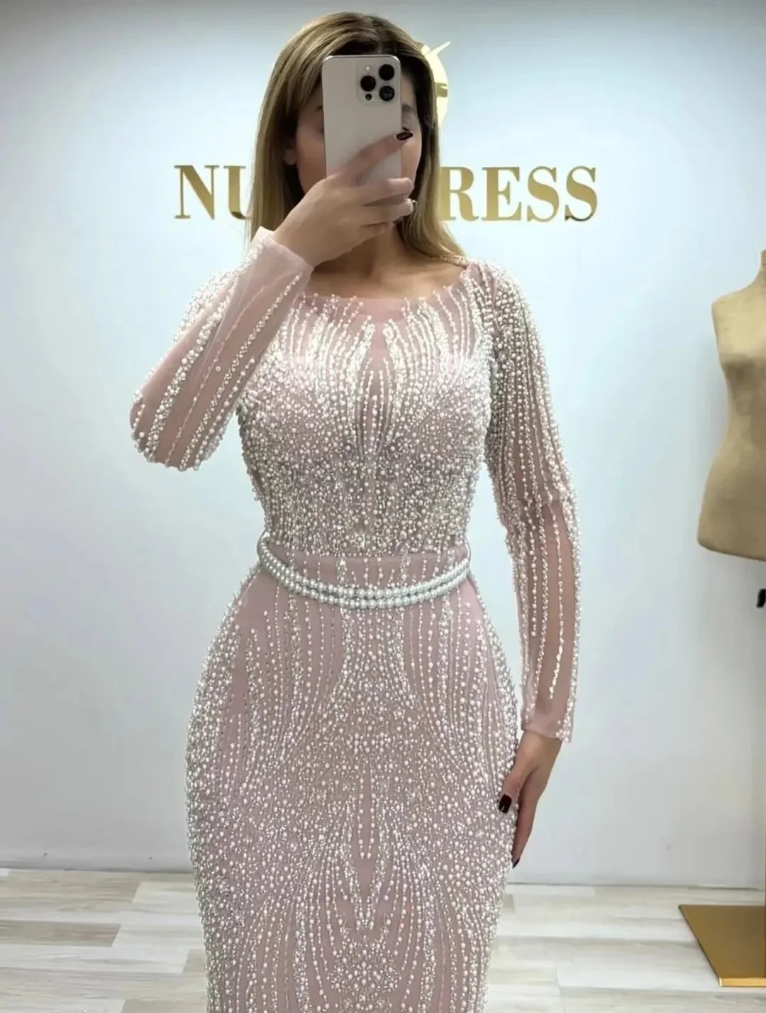 

New Design Unique Pearls Sash Luxury Beading Sequins O Neck Elegant Evening Dress Full Sleeves Mermaid Formal Party Dress