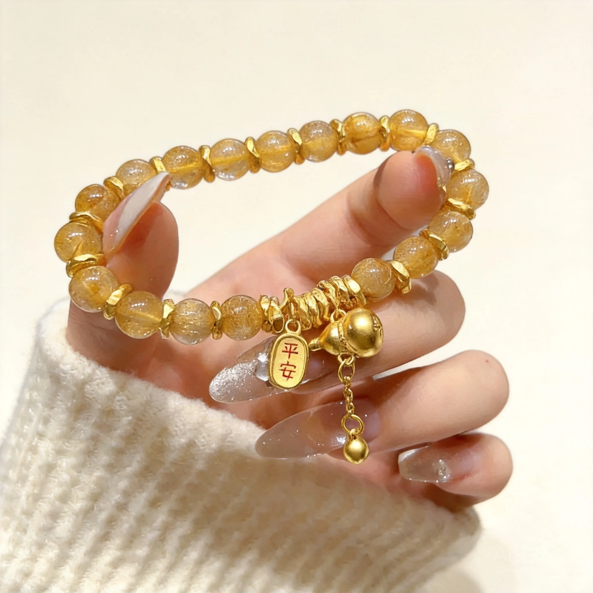 24k Gold Plated S925 Silver Natural Golden Rutilated Quartz Gourd Bracelet For Women Chinese Style Lucky Wealth Blessing Peace