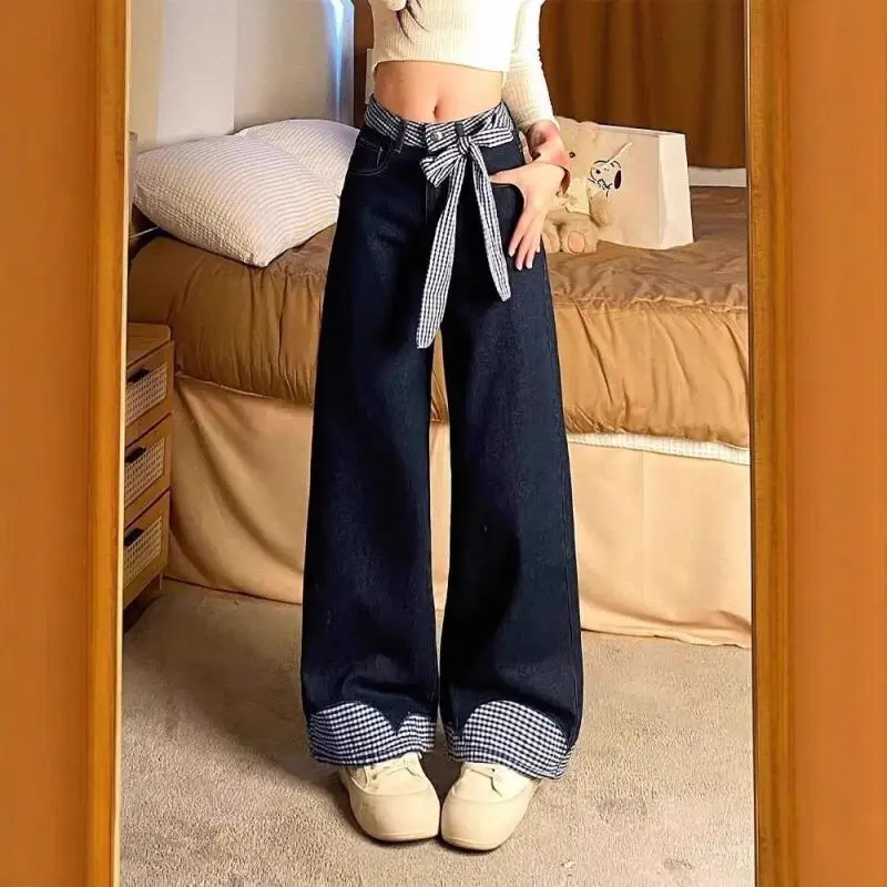 Bow Tie Strap Design with Loose and Wide Leg Jeans for Women in Straight Leg Hanging and Floor Hugging Pants