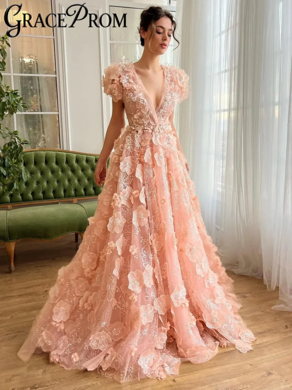 

Розовое вечернее платье с 3D цветами и бисером, мечтательное трапециевидное платье длиной до пола, вечернее платье 2026, новые романтические банкетные платья по индивидуальному заказу