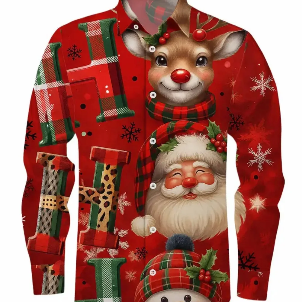 

plus Size Christmas Reindeer Print Shirt Long Sleeved Lapel Button up Fashionable Social Party Christmas Dress Shirt