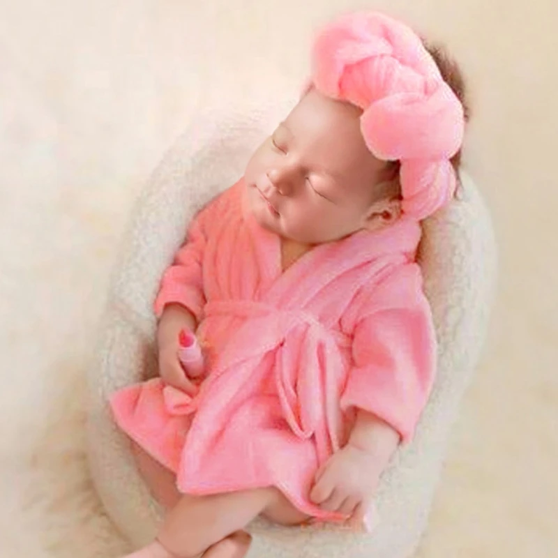 Solid Color Baby Bathrobe Towel Set Thicken Flannel Boys Girls Robe With Belt Bath Towel Newborn Photography Props Posing Outfit