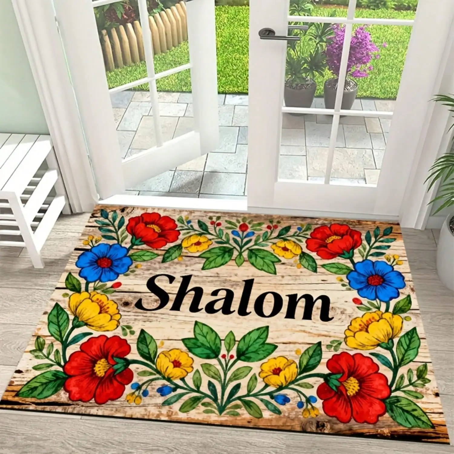 1pc Non-Slip Machine Washable Mat, Floral Surround Slogan Pattern, Suitable For Kitchen, Hallway, Bedroom Entrance, Bathroom, Living Room, Study, Outdoor Door